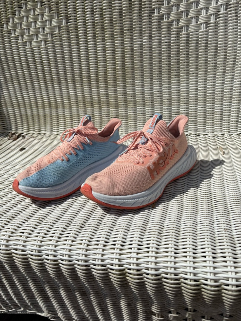Hoka Women's Coral Pink and Light Blue Knit Running Sneakers